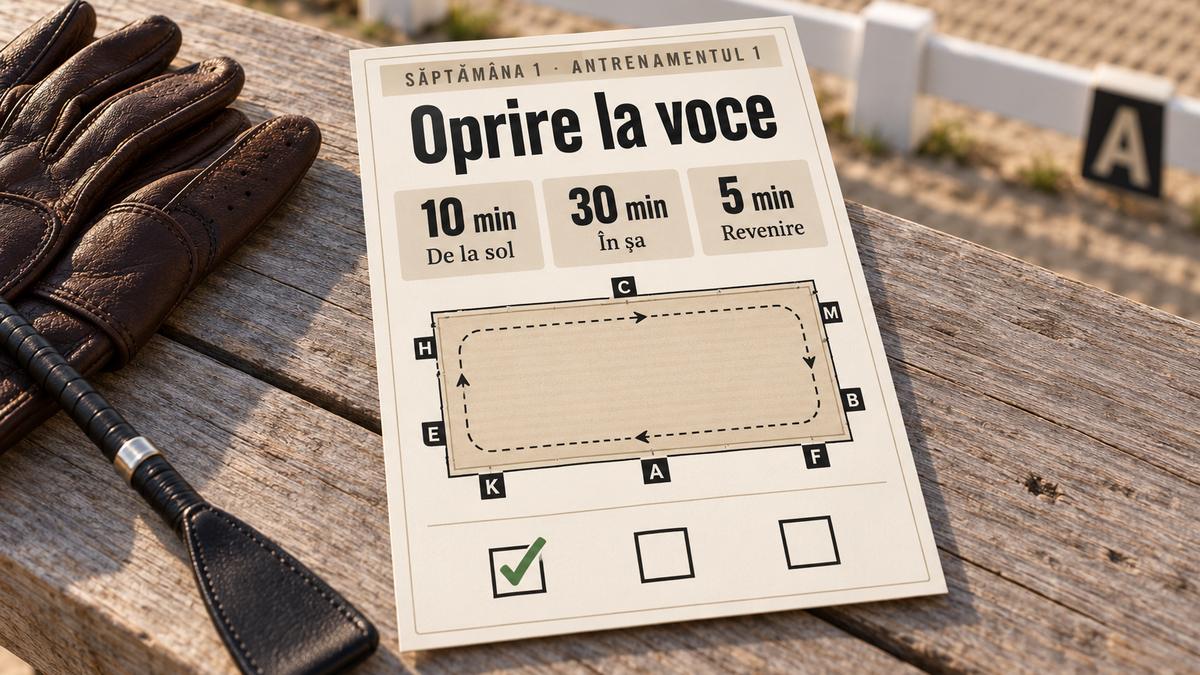 O fișă de antrenament: trei părți cu minute, desenul manejului și trei căsuțe